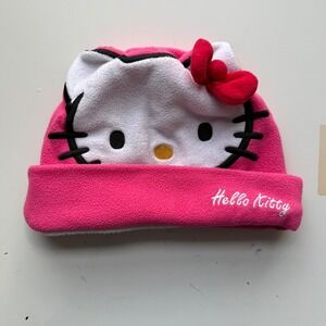 Hello Kitty Fleece Beanie Hat Pink White Embroidered Logo Bow Childrens